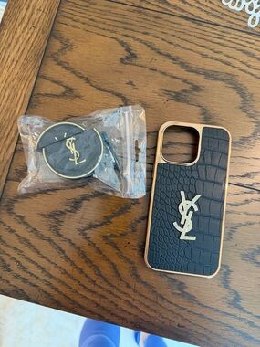 Yves Saint Laurent Black Croc-Embossed Phone Case with Gold Trim and Logo Pop